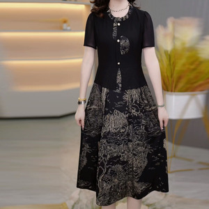 左曼2024年新中式短袖广州十三行新款女装印花成熟优雅夏季连衣裙