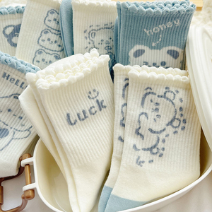 蓝色小熊秋冬季袜子女中筒袜ins潮韩国可爱日系卡通学生运动棉袜