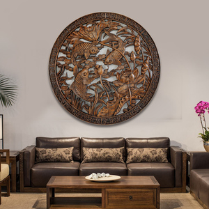 东阳木雕挂件仿古实木雕刻香樟木中式玄关装修圆形荷花鱼装饰画