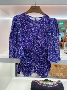 Isabel Marant代购女士3S紫蓝色印花泡泡袖褶皱真丝上衣