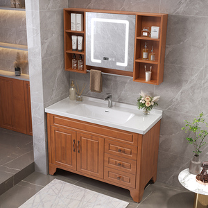 现代中式橡木浴室柜组合落地式洗手洗脸面盆台盆实木卫浴柜洗漱台