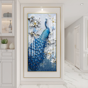 装饰画竖版孔雀挂画走廊尽头墙面壁画晶瓷画玄关过道欧式时尚创意