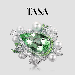 TASA珠宝 奇迹之色系列绿碧玺镶嵌钻石珍珠戒指18K白金大气豪华款