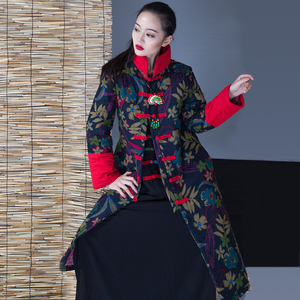 尤瑾民族风棉衣女长款中国风棉服女装中式印花棉袄女冬装外套
