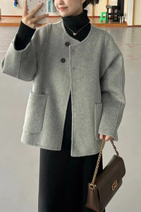 灰色双面羊绒大衣女短款秋冬韩版宽松廓形小个子两粒扣羊毛呢外套