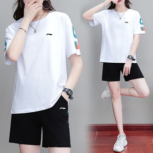 李宁运动套装女夏季跑步训练宽松短袖短裤时尚印花运动透气两件套