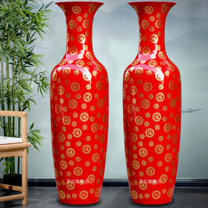 中国红金福瓷瓶景德镇陶瓷落地大花瓶喜庆婚庆客厅大摆件1.2-2米