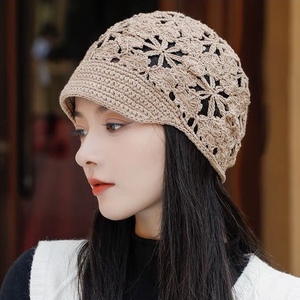 韩版手工镂空针织鸭舌毛线帽女短檐显脸小女士包头帽优雅遮阳帽