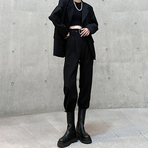 束脚裤女秋冬高腰显瘦工装裤搭配马丁靴加绒黑色哈伦西装裤垂感