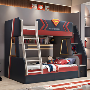 超人高低床双层床儿童床男孩两层上下床现代简约软包子母床省空间