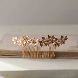 原创精致纯手工复古欧美新娘头饰金叶子珍珠发梳发卡盘发插梳发夹