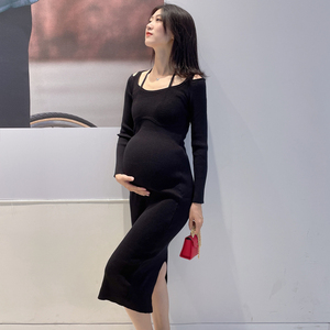 紧身孕妇针织连衣裙修身显瘦中长款包臀裙性感假两件黑色打底裙潮