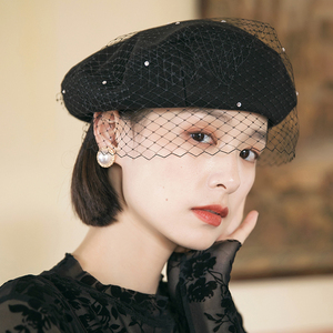 法式复古网纱贝雷帽女英伦韩版赫本风蕾丝蓓蕾帽黑色时尚秋冬帽子