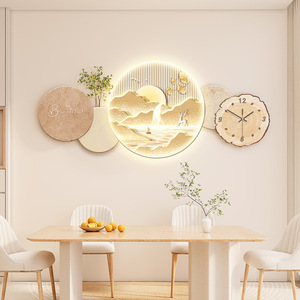 极美艺术装饰画侘寂风餐厅带钟表抽象花卉壁画砂岩晶瓷背景墙挂画