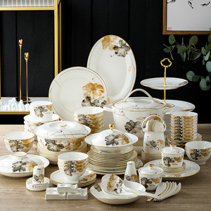 景德镇高档骨瓷碗碟餐具家用套装现代简约新中式陶瓷创意组合瓷器