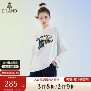 Eland衣恋潮牌小个子红色柯基加绒开叉假两件连帽卫衣女春款