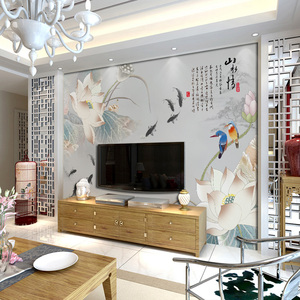 绮妍电视背景墙壁纸山水情无缝大型壁画影视墙纸现代中式荷花客厅