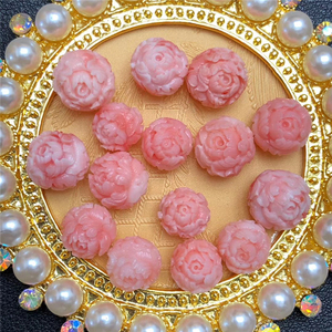 粉色牡丹花珠台湾有机宝石配件双面精雕多宝手链diy背云配珠配饰