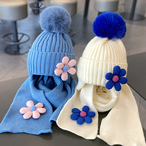 宝宝帽子秋冬儿童保暖加厚帽子围巾两件套女童花朵针织护耳毛线帽