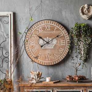 美式复古挂钟创意家居民宿墙壁装饰钟表仿古时钟木质壁钟圆形做旧