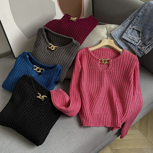 设计感胸前开口长袖毛衣超火网红短款上衣时尚休闲洋气a0620