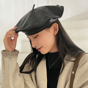 英伦风皮质休闲贝雷帽女显脸小黑色八角画家帽秋冬复古圆顶南瓜帽