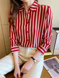 红色竖条纹衬衫女长袖2023春季新款气质薄款小众宽松雪纺上衣显瘦