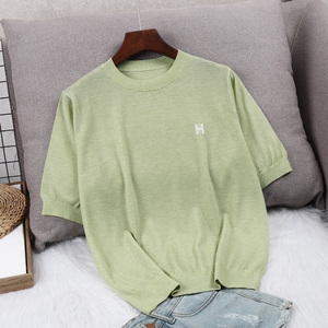 羊毛针织衫女夏短袖薄款2021新款打底衫纯色圆领宽松t恤韩版上衣