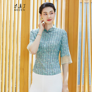 木真了中式海水纹印花薄款上衣女新品刺绣拼接夏装七分袖961