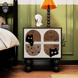 现代奶油风猫咪实木床头柜卧室床头置物柜客厅沙发旁免安装储物柜