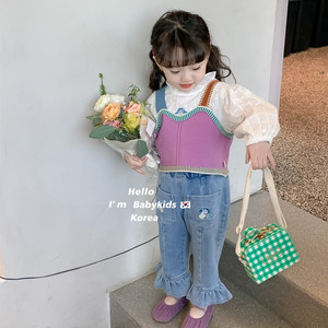 韩国童装2023春季女宝宝套装女童美人鱼衬衫毛线背心牛仔裤三件套