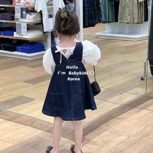 韩国童装2024春季女宝宝气质灯笼袖衬衫女童蝴蝶结牛仔背带裙套装
