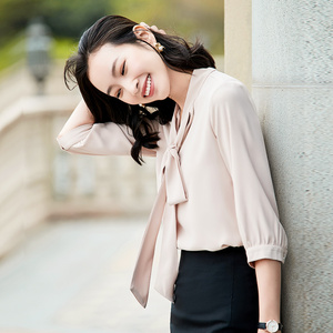 设计感雪纺衬衫女士夏季新款小众职业白色衬衣中袖宽松蝴蝶结上衣