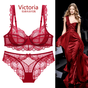 维多利亚性感情趣维密文胸套装大胸显小聚拢透明超薄蕾丝秘密内衣