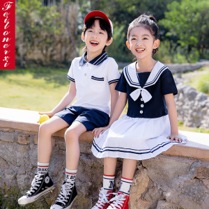 幼儿园园服藏青白色海军服夏季表演服女童连衣裙儿童套装啦啦队服