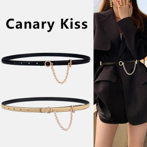 canary kiss复古链条皮带女简约装饰西装裙子黑色真皮细腰带女士