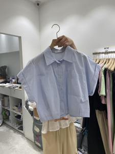 韩国东大门2024夏季新款时尚百搭翻领系扣口袋短袖衬衫女宽松上衣