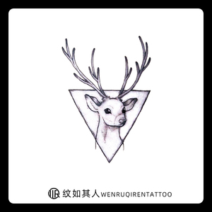 手绘麋鹿纹身贴手臂脚踝防水 男女个性黑白原创三角形鹿头刺青贴