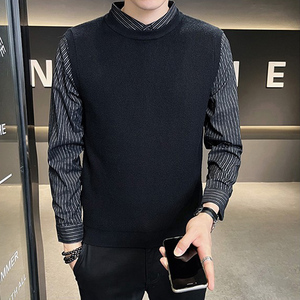 春秋季男士假两件针织衫衬衣领毛衣打底衫内搭衬衫搭配马甲两件套