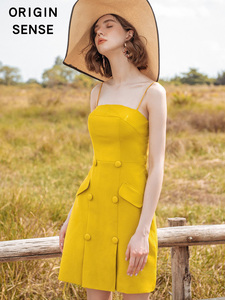 夏季新品黄色小性感小心机露背露锁骨度假背心小个子连衣裙