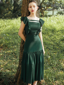 精品雪纺压褶定制束腰淑女通勤ol白领飞飞短袖墨绿色飘逸长裙