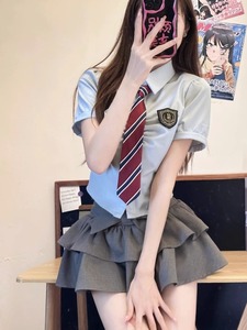 jk制服夏季美式辣妹学院风套装收腰显瘦蓝色衬衫灰色蓬蓬裙两件女