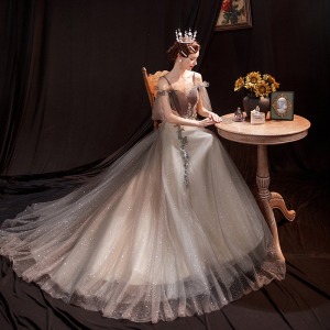 咖色的公主天使演出会晚礼服婚纱梦幻星空嫁衣年金裙16028