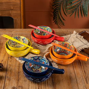 波西米亚陶瓷手柄碗家用米饭碗带把泡面碗高颜值早餐杯碗筷勺套装