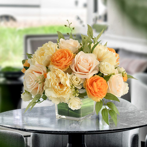 客厅茶几圆形玻璃小桌花商务活动酒店餐厅假花桌面摆放装饰花艺