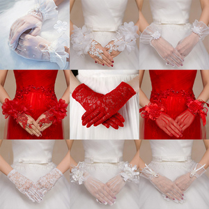 2023新款韩式婚礼新娘手套蕾丝花朵结婚长款白色红色短款婚纱配饰
