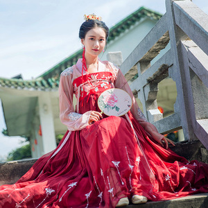 汉服女中国风红色古装霸气唐制齐胸襦裙对襟上襦性感古装薄纱宫廷