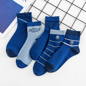 防臭纯棉条纹夏季袜子男中筒袜ins潮百搭字母青少年蓝色运动长袜