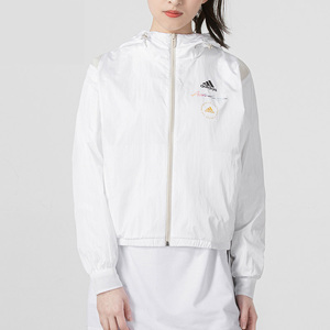 Adidas阿迪达斯防风衣连帽外套女2023秋季新款白色夹克休闲运动服