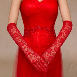 包邮新款新娘结婚长款韩式蕾丝白 红色 黑色婚纱礼服花边配饰手套